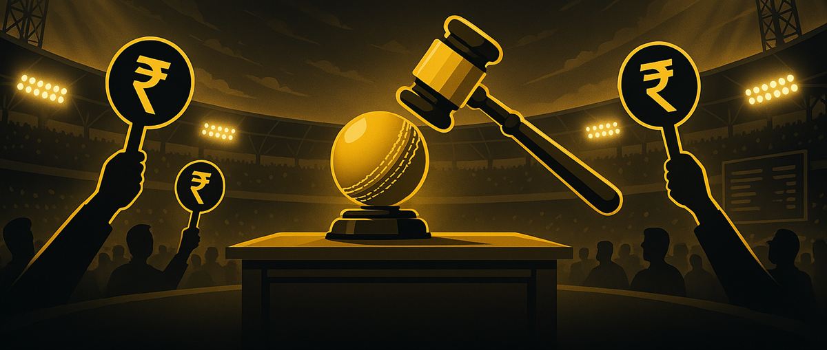 An auction gavel over a cricket ball in a floodlit stadium, with bidders raising paddles